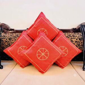Kotpad fabric (rust with checkered hand weave) with Chakra hand embroidered cushion covers - Set of 5