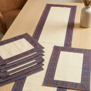 Blue Border with Chakra Design Dining Table Runner & 6 Dining Mats