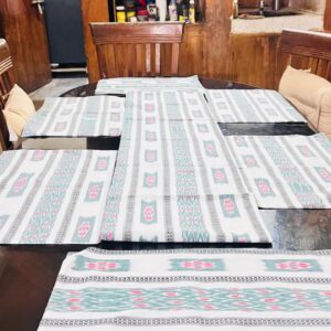 Green & White Dining table runner with 6 dining mats in Maniabandha fabric
